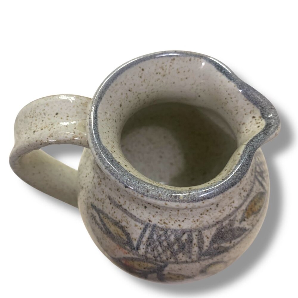 Studio Pottery VTG Mini Ceramic Pitcher Floral Tan Blue Accents 5’ Artist Signed - Picture 7 of 9